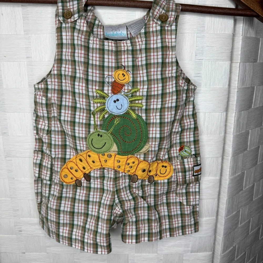 Vintage Plaid Insect Embroidery Shortall Overalls Brown 0-3M Caterpillar